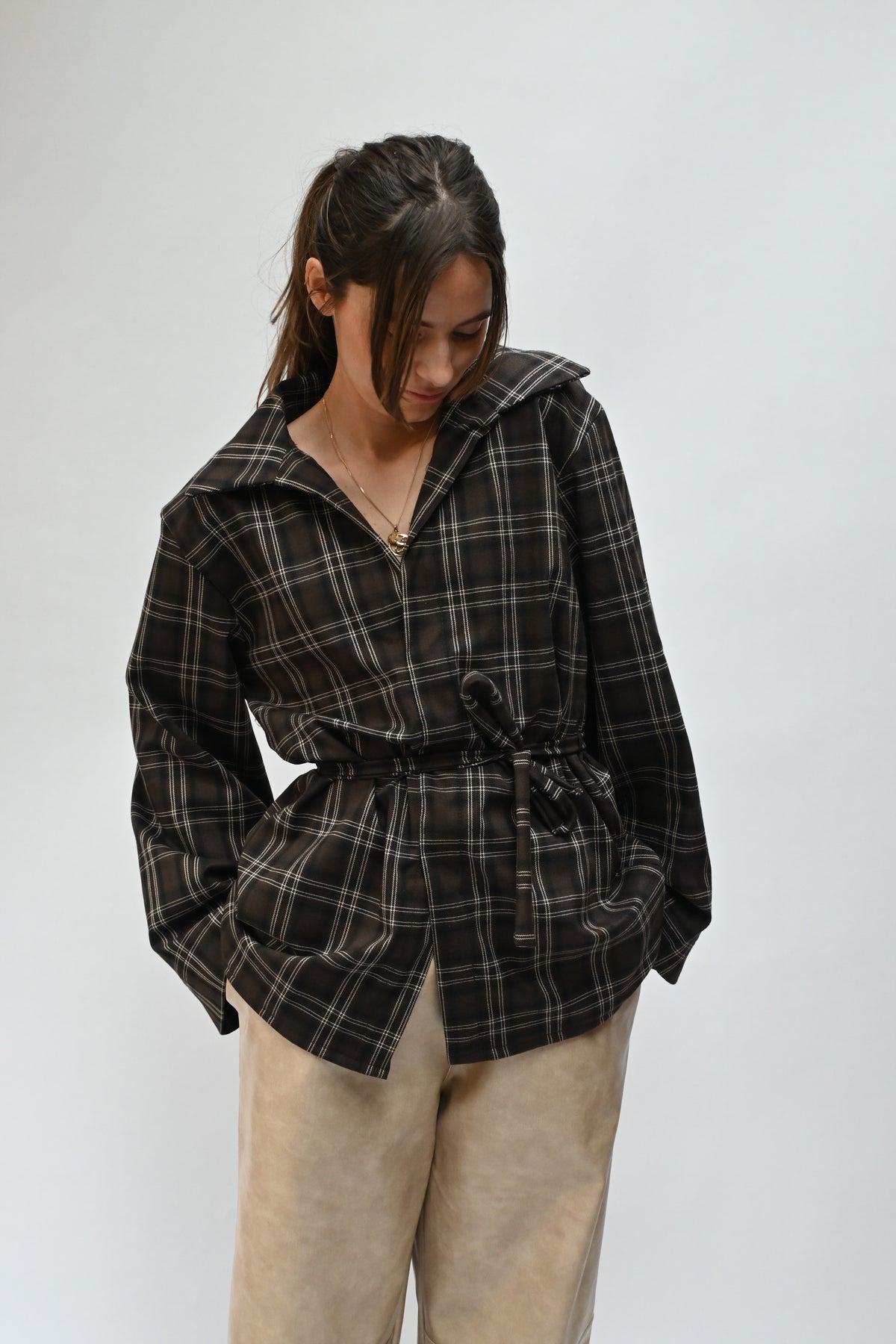 Checked flannel blouse - brown